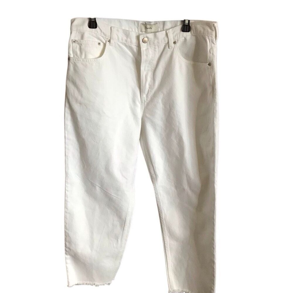 Triarchy white jeans crop pants SZ 32 cotton blend frayed hem button fly